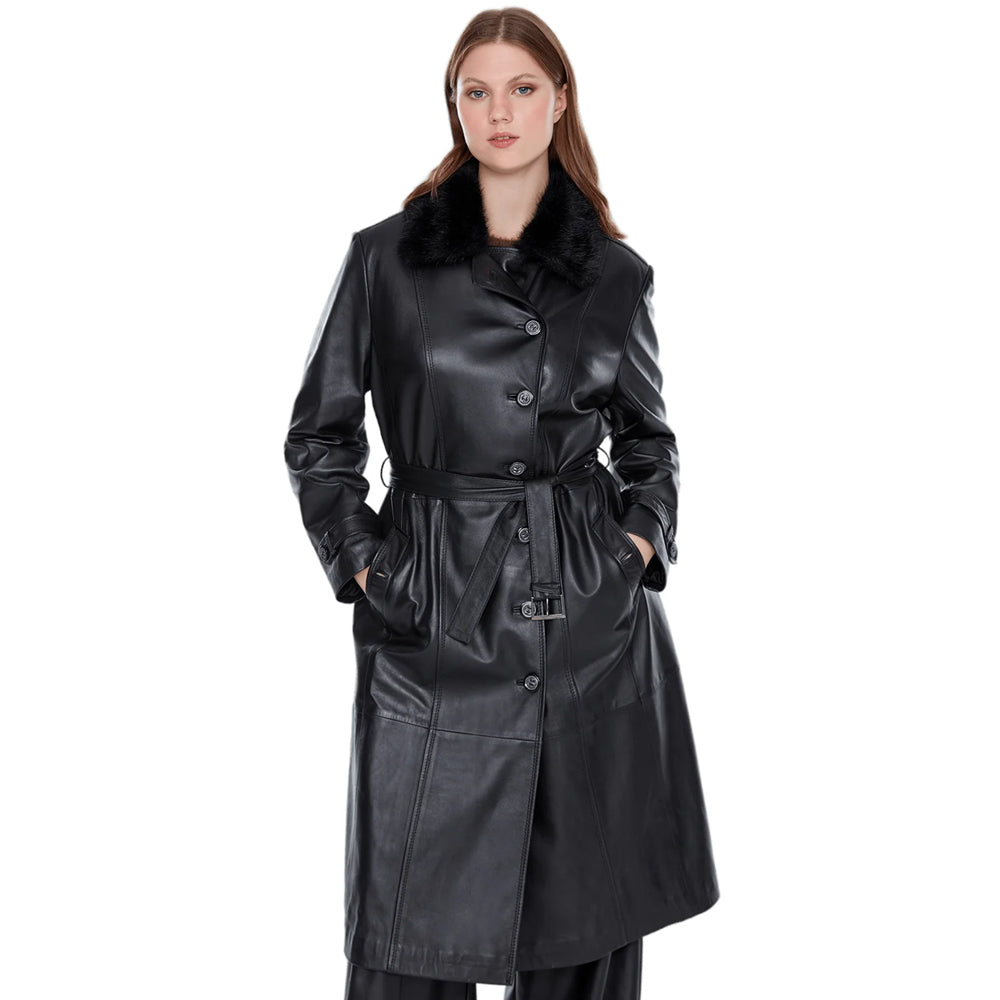 Black Fur Collar Buttoned Leather Women’s Trench Coat