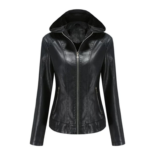 Women's Faux Brown Leather Hooded Jacket