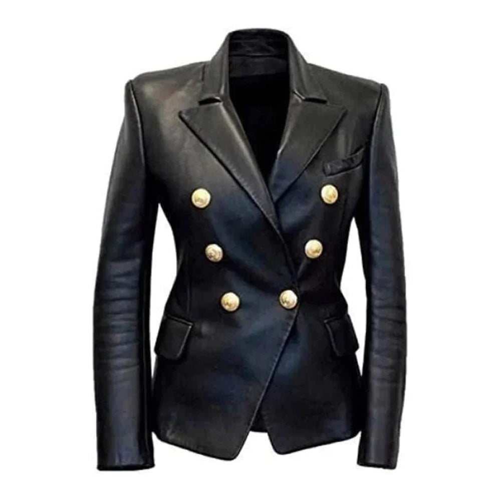 Women's Designer Double Breasted Black Leather Blazer