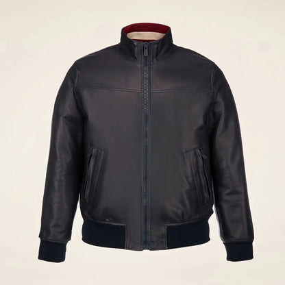 Men’s Shiny Black Leather Bomber Jacket