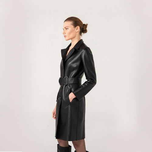 Women Black Laminated Leather Coat