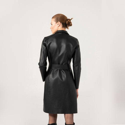 Women Black Laminated Leather Coat