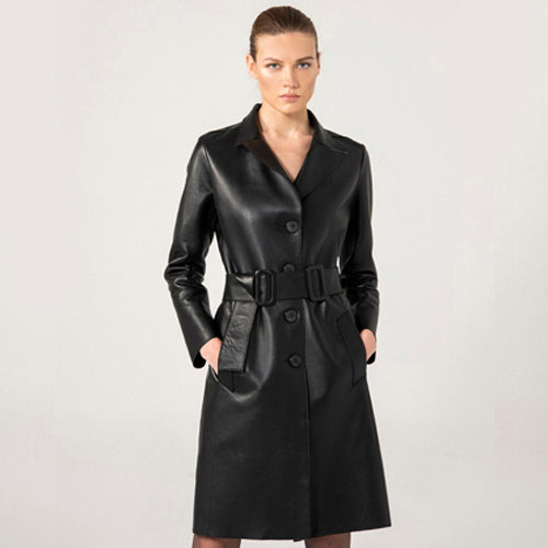 Women Black Laminated Leather Coat