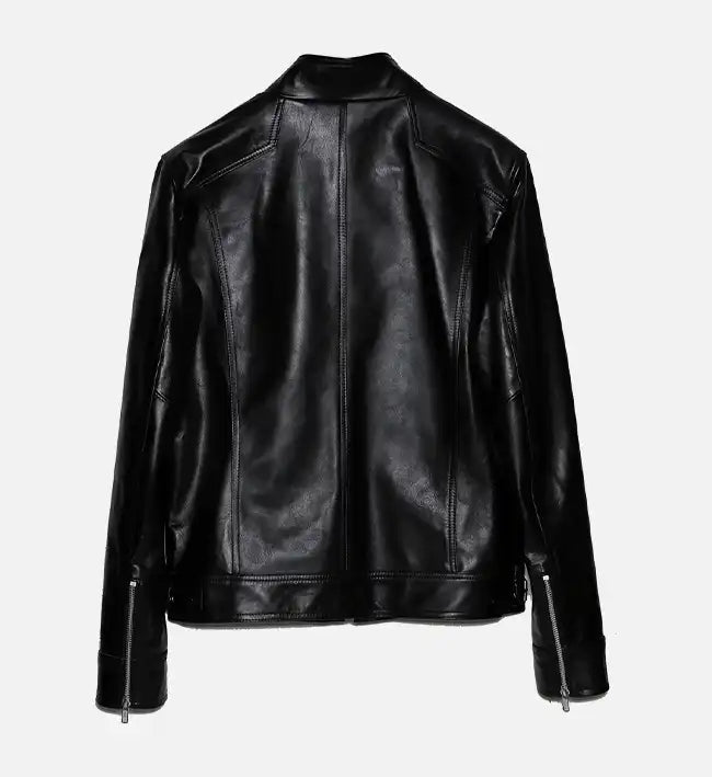 Back view of genuine leather biker jacket with clean structured stitching