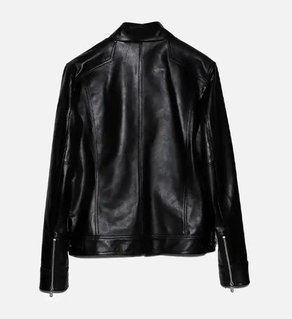 Back view of genuine leather biker jacket with clean structured stitching