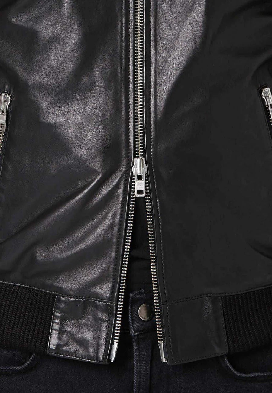 Men's Black Leather Bomber Jacket with Double Zipper - Classic Style