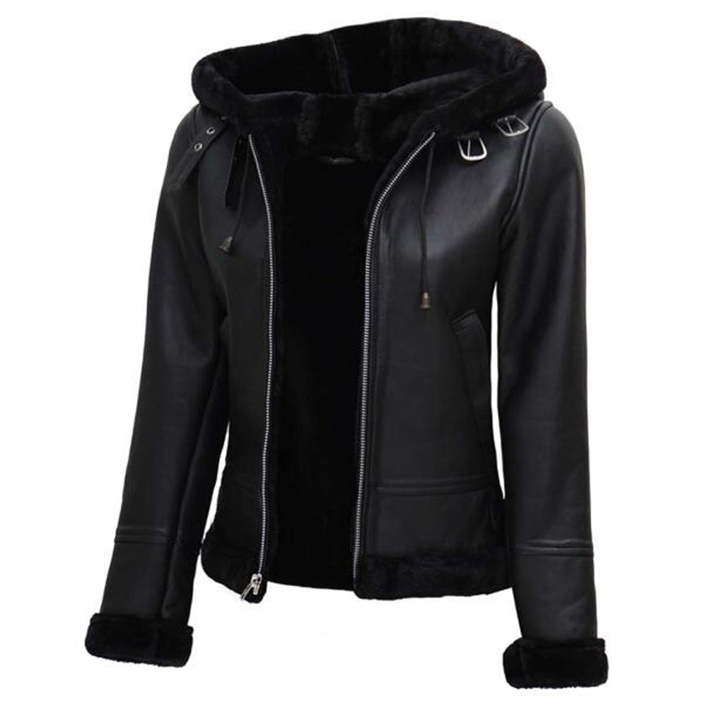 Grace Womens Black Leather Aviator Jacket With Hood