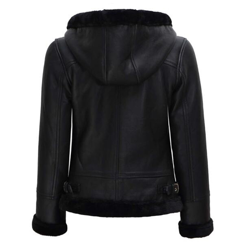 Grace Womens Black Leather Aviator Jacket With Hood