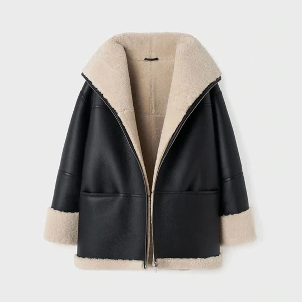 Women B3 RAF Black Styled Sheepskin Shearling Leather Jacket