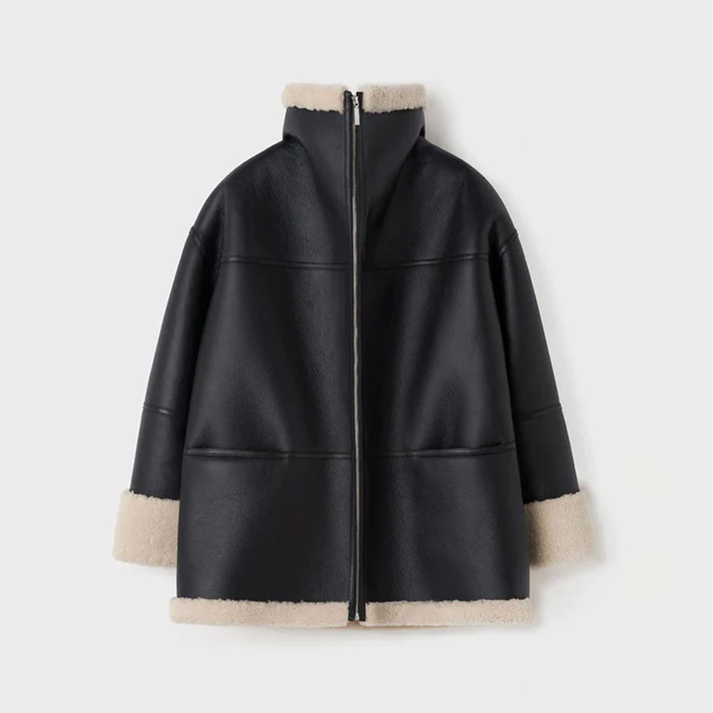 Women B3 RAF Black Styled Sheepskin Shearling Leather Jacket