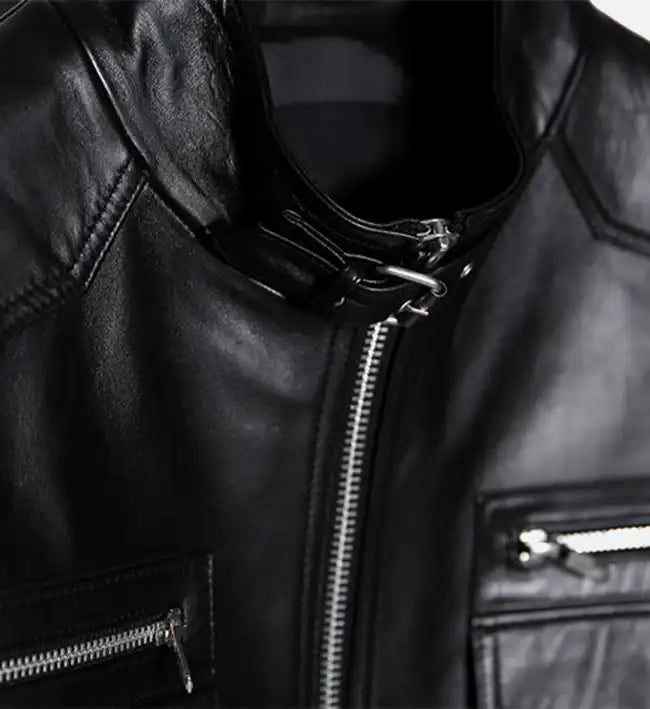Men leather biker jacket styled as streetwear fashion outfit