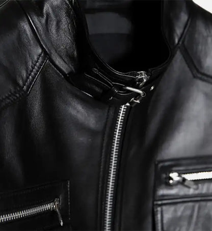 Men leather biker jacket styled as streetwear fashion outfit