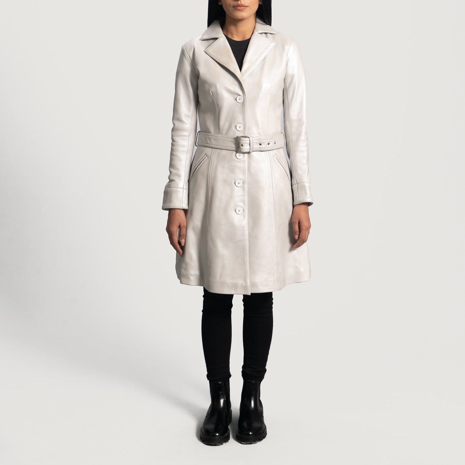 Moonlight Silver Leather Trench Coat