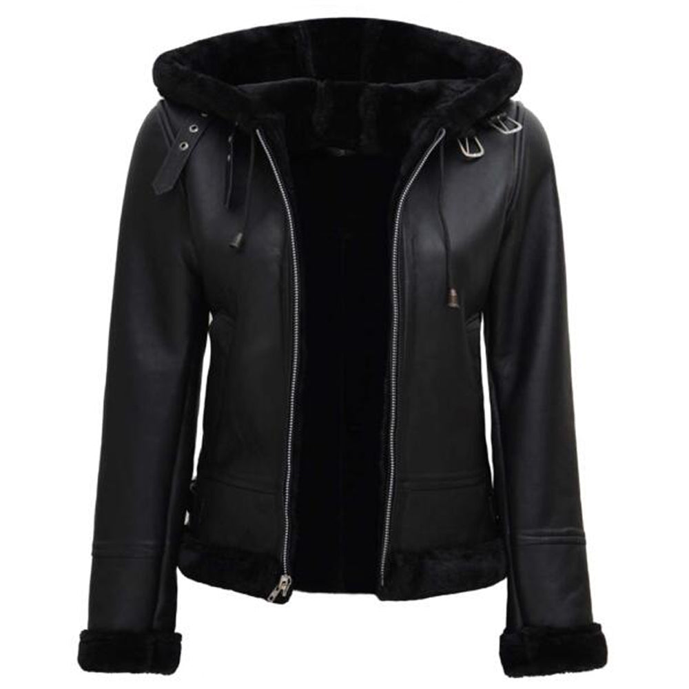 Grace Womens Black Leather Aviator Jacket With Hood