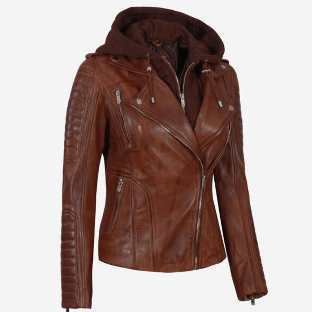 Cognac Womens Leather Jacket with Hood