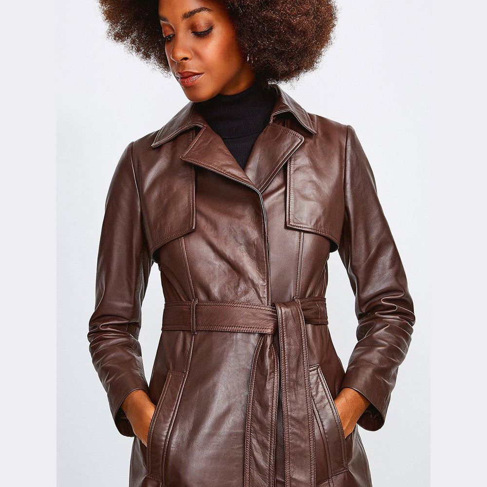 Women Plain Leather Brown Trench Coat