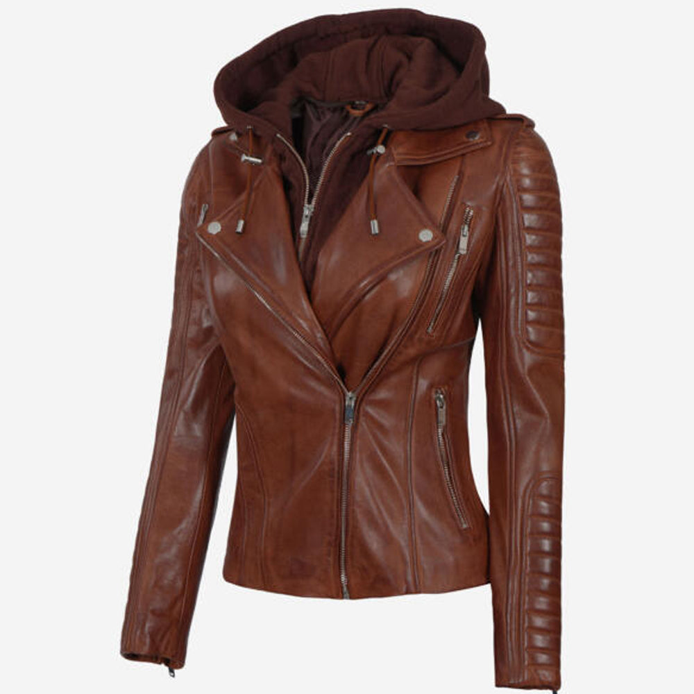 Cognac Womens Leather Jacket with Hood