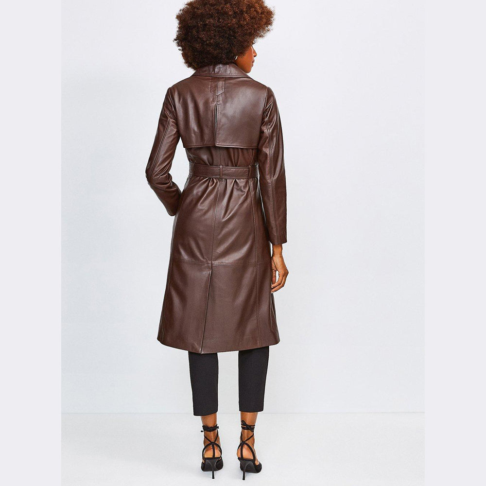 Women Plain Leather Brown Trench Coat