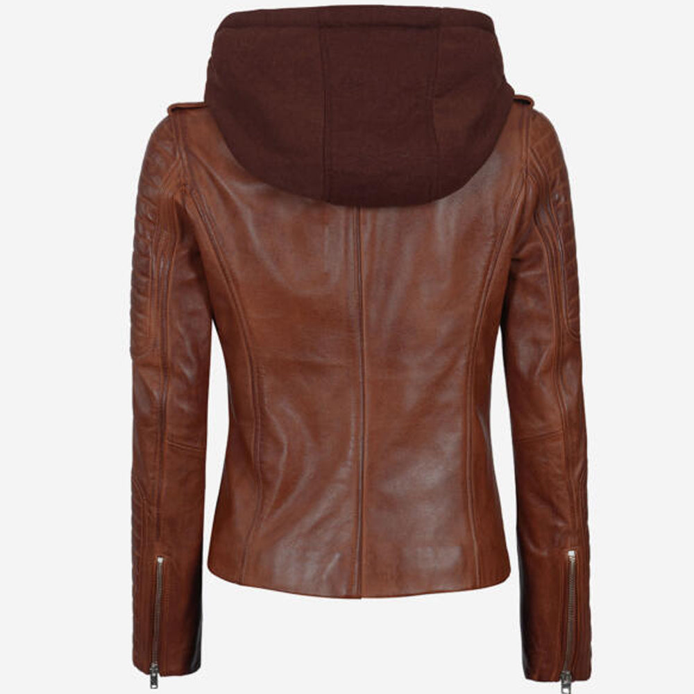 Cognac Womens Leather Jacket with Hood