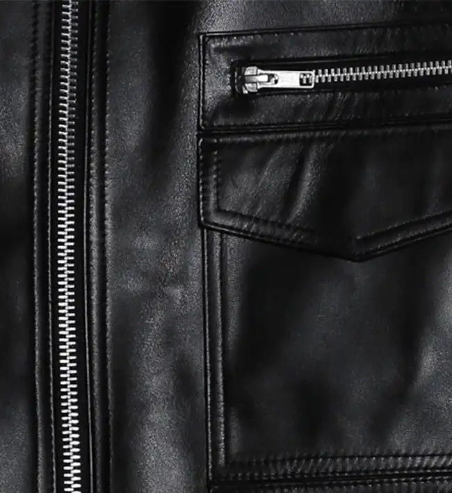 Close up of flap pockets design on genuine leather biker jacket for men