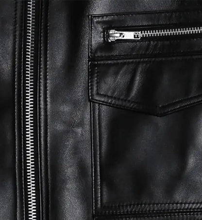 Close up of flap pockets design on genuine leather biker jacket for men