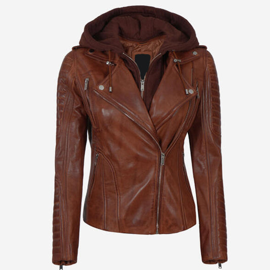 Cognac Womens Leather Jacket with Hood