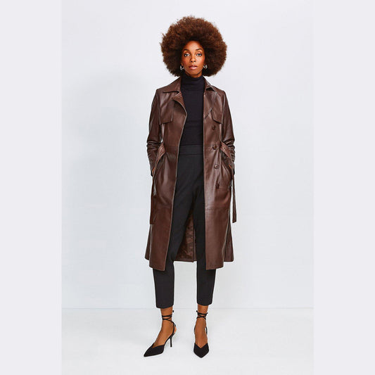 Women Plain Leather Brown Trench Coat