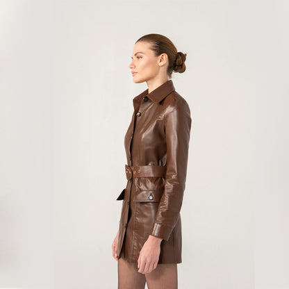 Women's Chocolate Brown Sheepskin Leather Trucker Trench Coat – Stylish Long Winter Jacket

