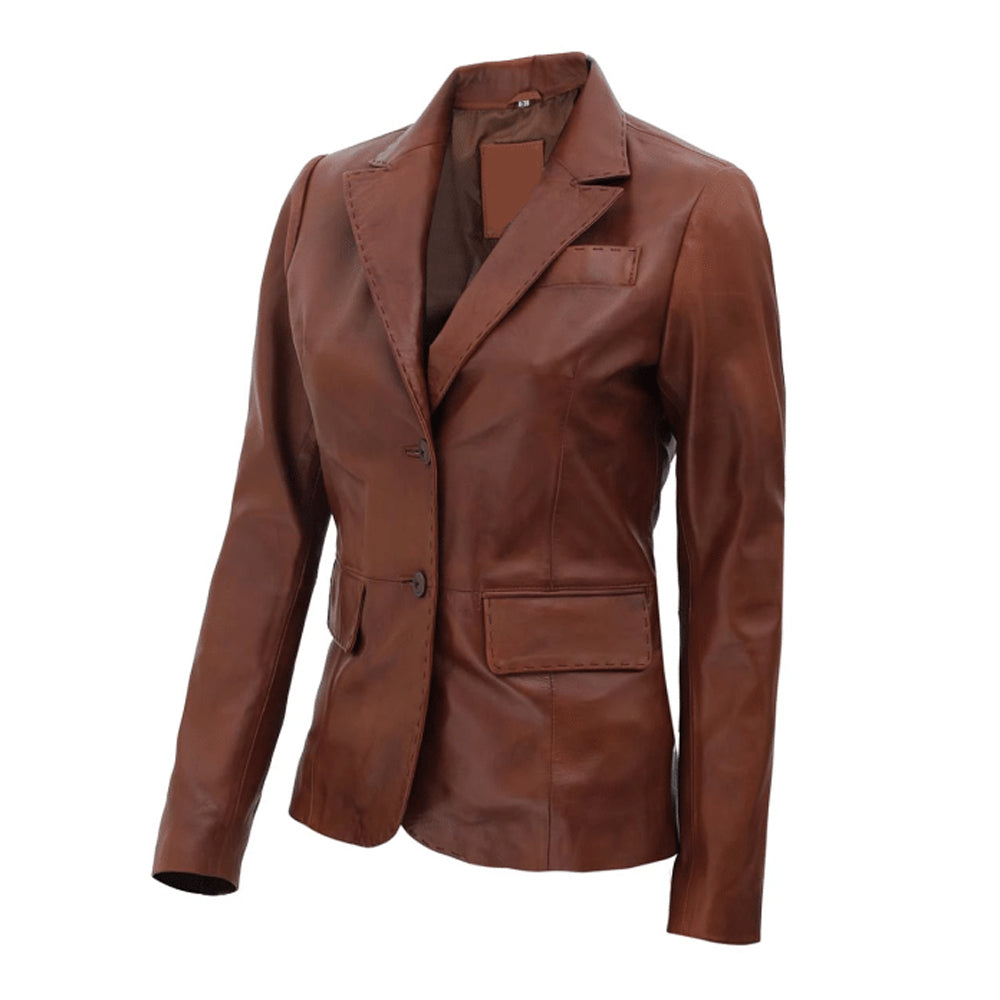 Womens Brown Two Button Leather Blazer Jacket