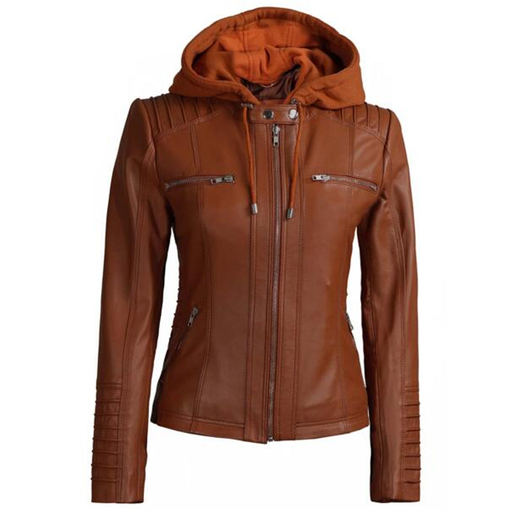 Womens Tan Leather Jacket with Removable Hood