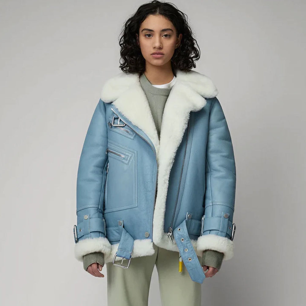 Women Light Blue  Styled Sheepskin Shearling Leather Jacket