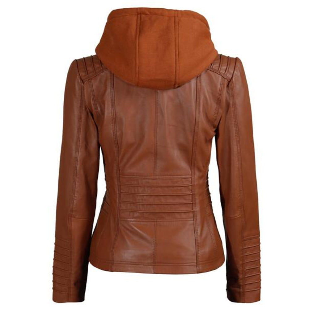 Womens Tan Leather Jacket with Removable Hood