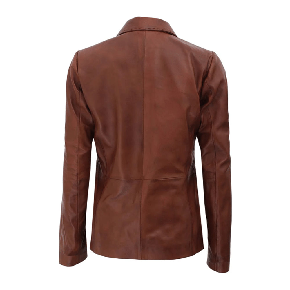 Womens Brown Two Button Leather Blazer Jacket