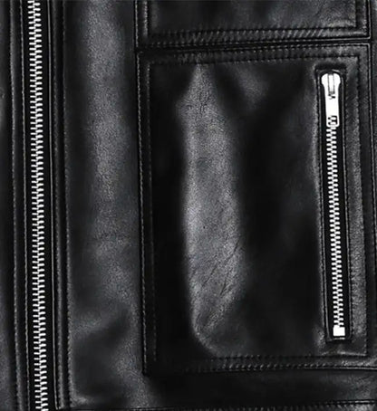 Close up of flap pockets design on genuine leather biker jacket for men