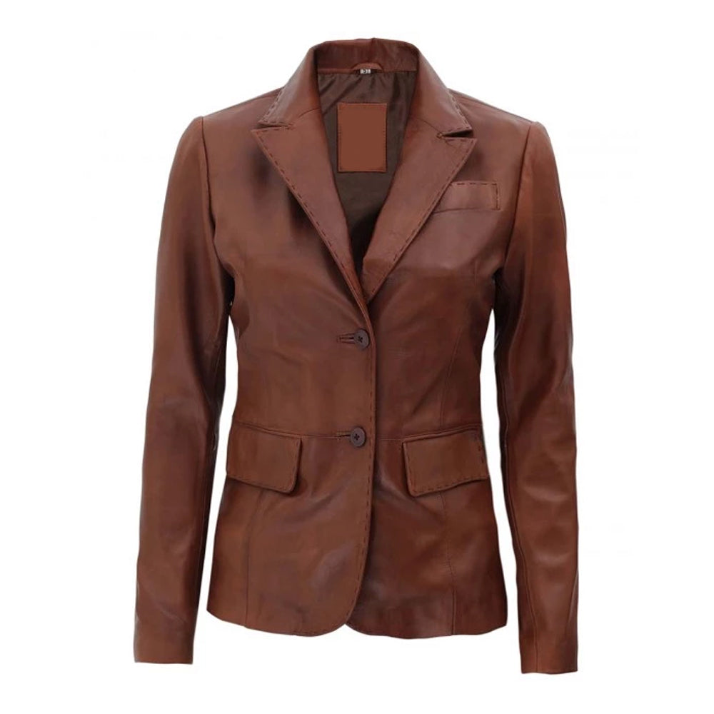 Womens Brown Two Button Leather Blazer Jacket