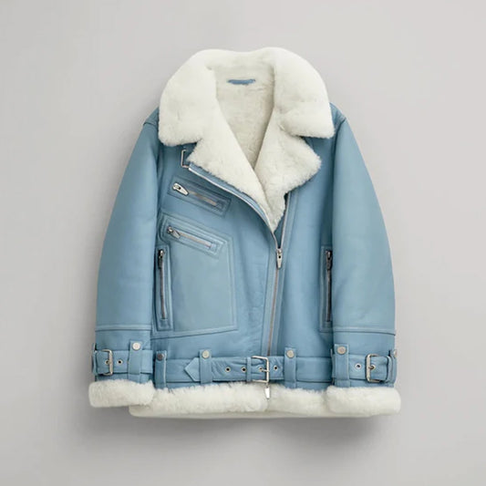 Women Light Blue  Styled Sheepskin Shearling Leather Jacket