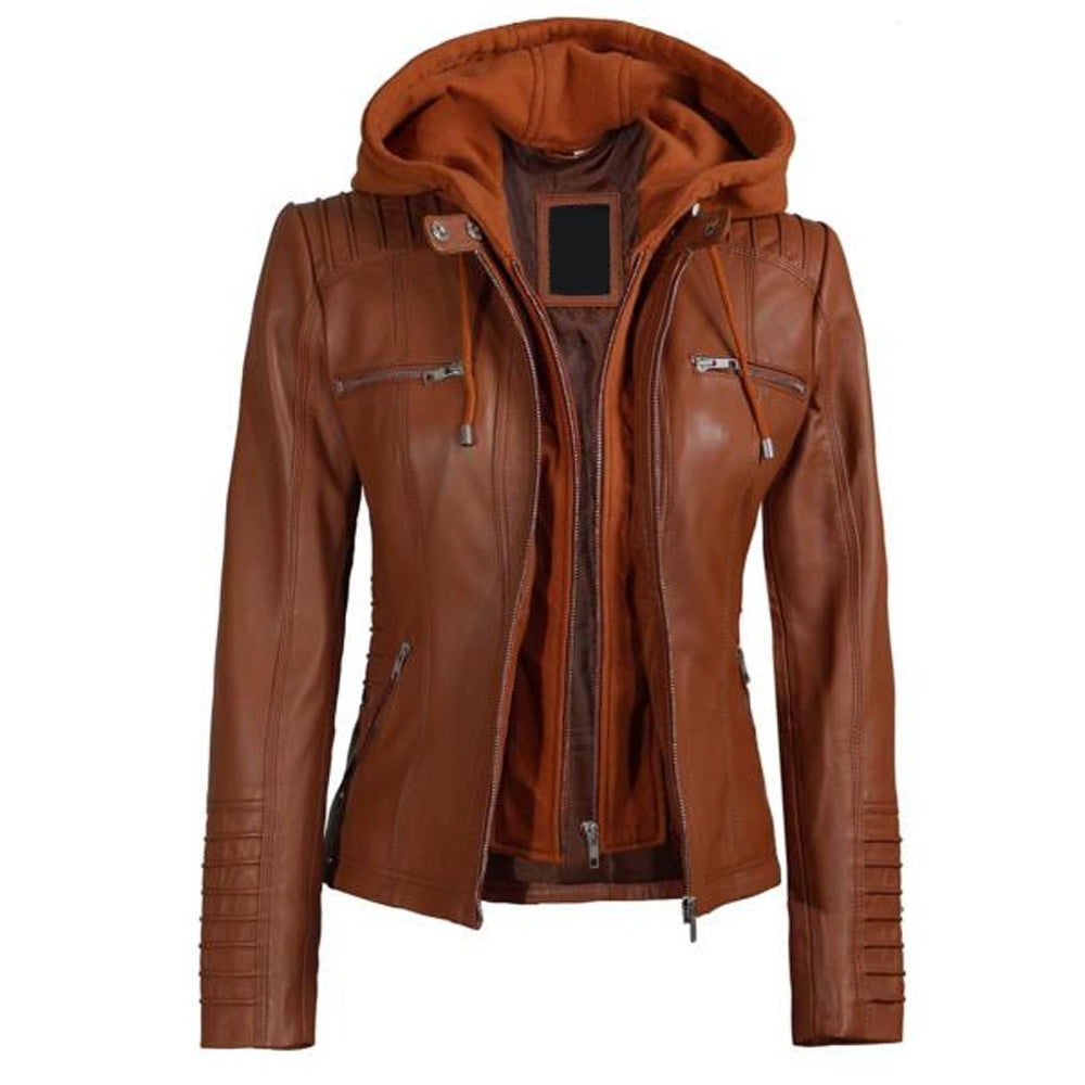 Womens Tan Leather Jacket with Removable Hood