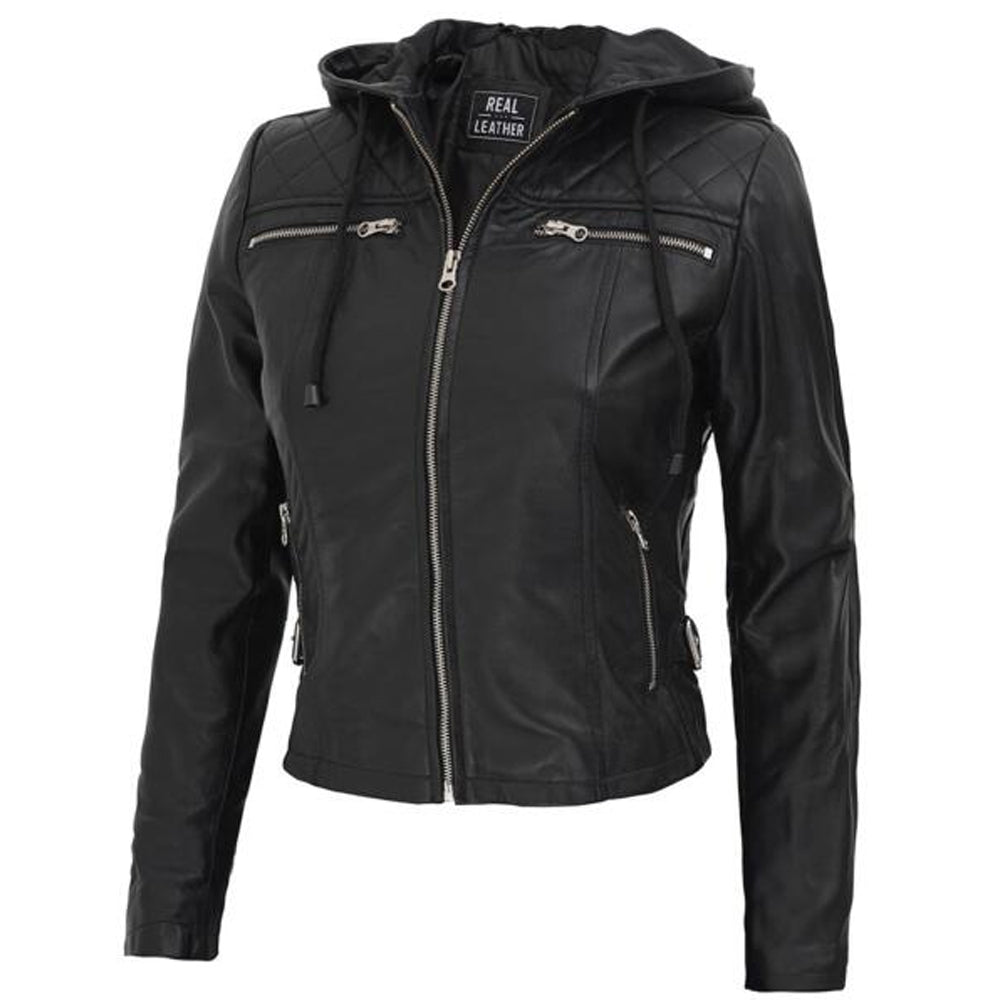 Womens Quilted Black Hooded Leather Jacket