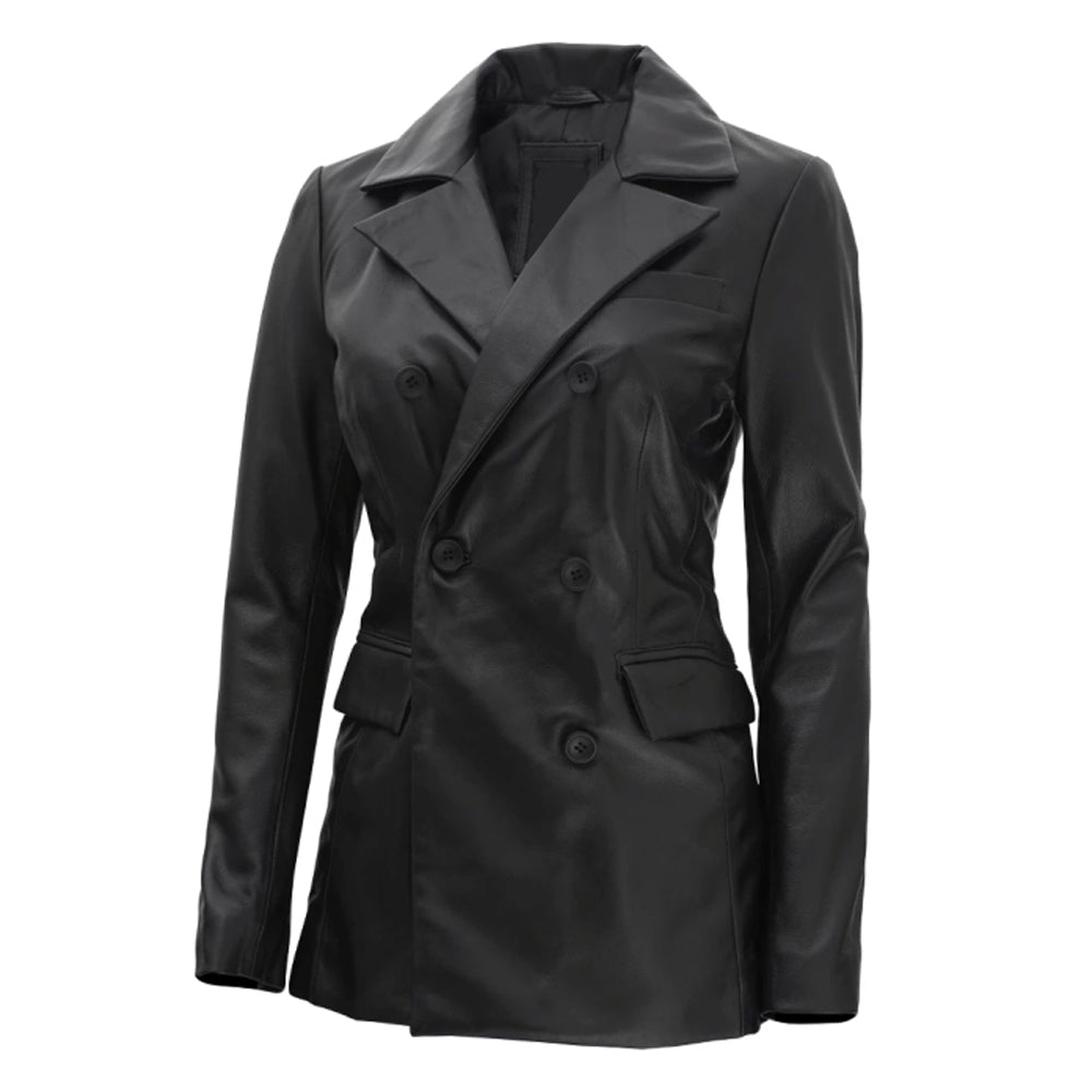 Breanna Women Double Breasted Black Leather Blazer