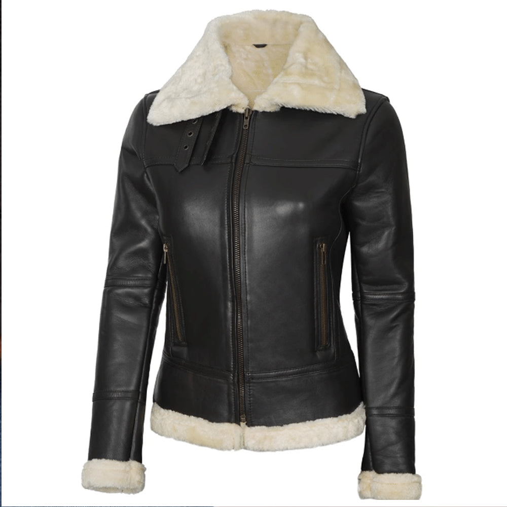 Women's Brown Shearling Leather Bomber Jacket