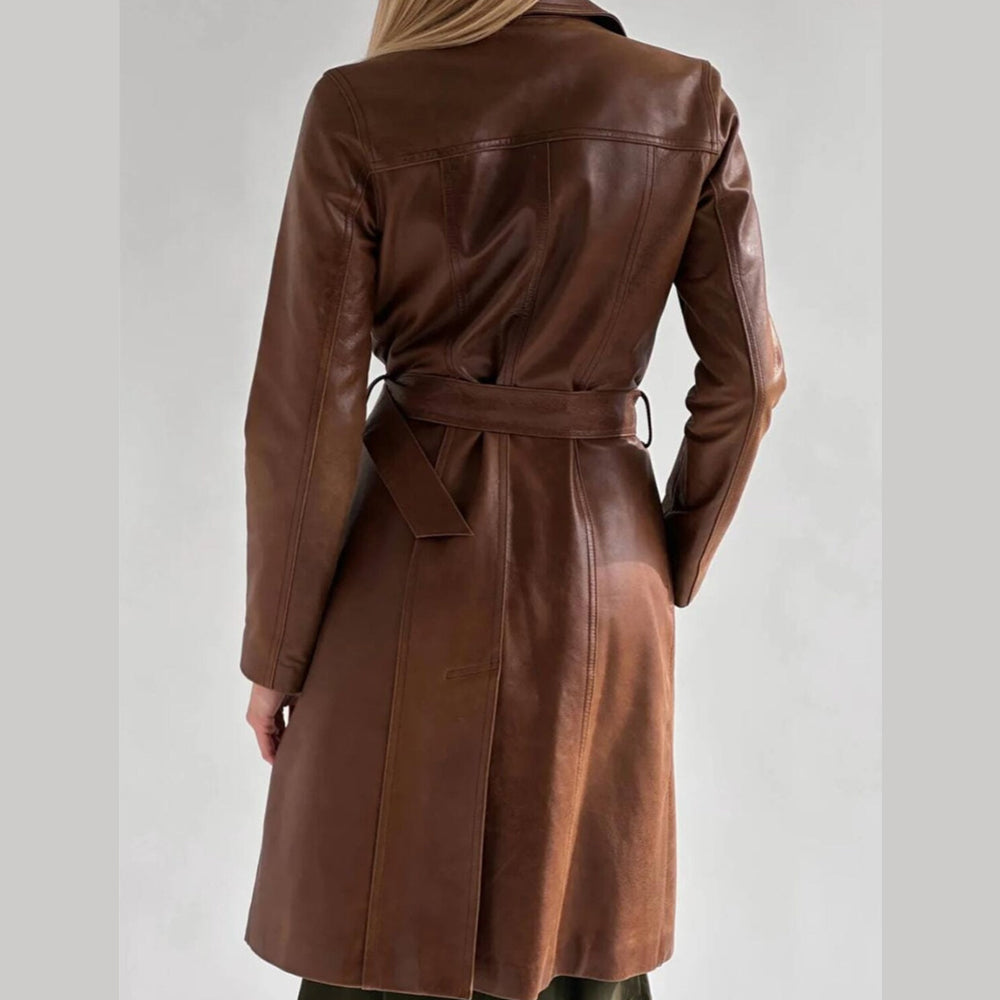 Women's Brown Real Lambskin Leather Long Trench Coat