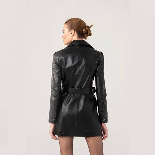 Women’s Black Sheepskin Leather Trucker Trench Coat