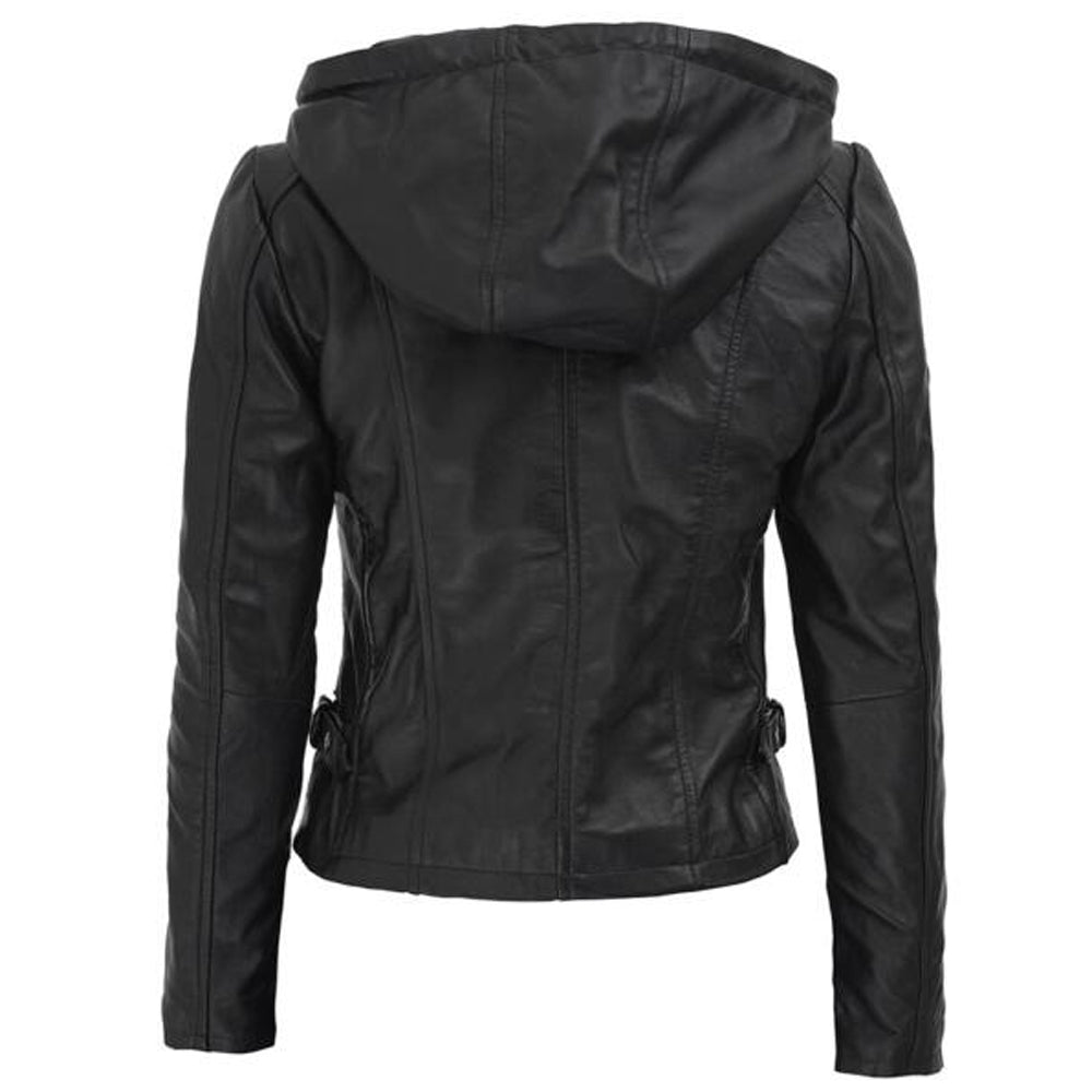 Womens Quilted Black Hooded Leather Jacket