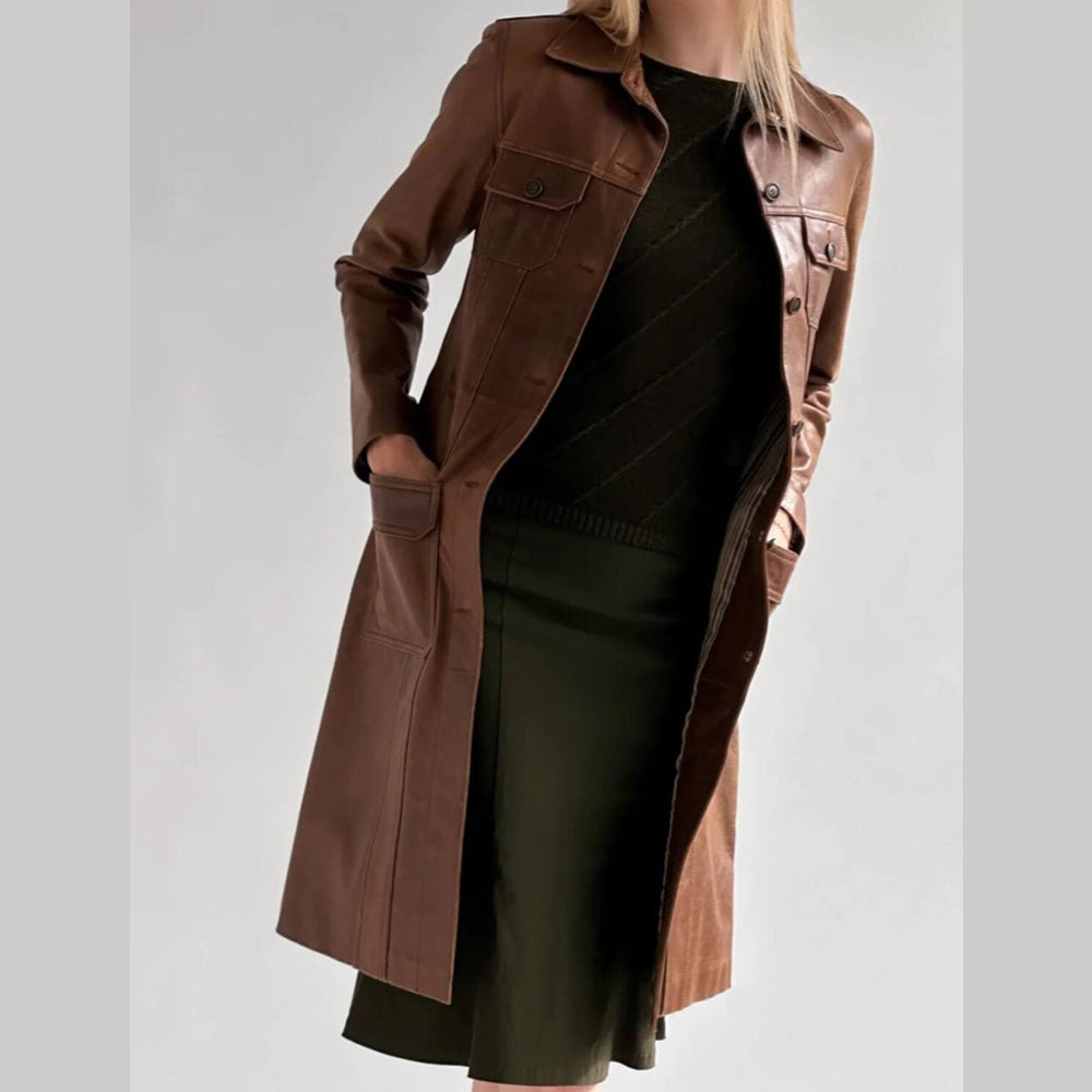 Women's Brown Real Lambskin Leather Long Trench Coat