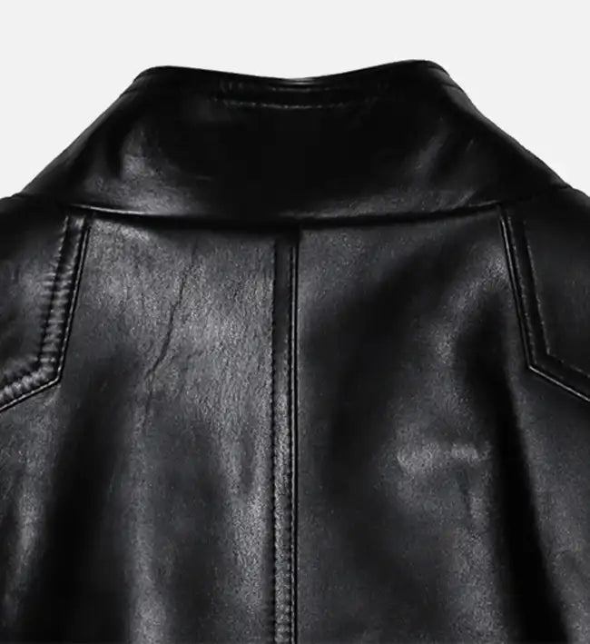 Back view of genuine leather biker jacket with clean structured stitching