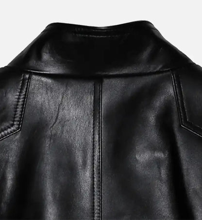 Back view of genuine leather biker jacket with clean structured stitching
