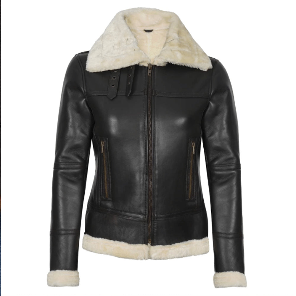 Women's Brown Shearling Leather Bomber Jacket