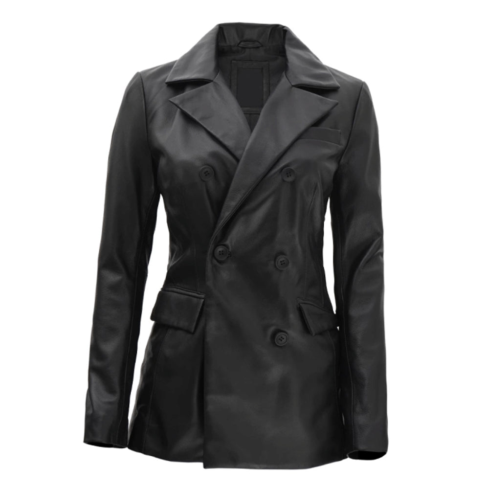 Breanna Women Double Breasted Black Leather Blazer