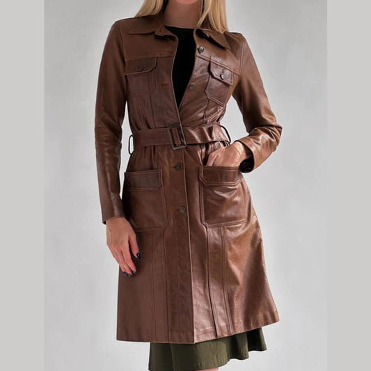 Women's Brown Real Lambskin Leather Long Trench Coat