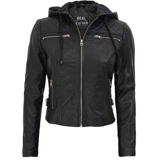 Womens Quilted Black Hooded Leather Jacket